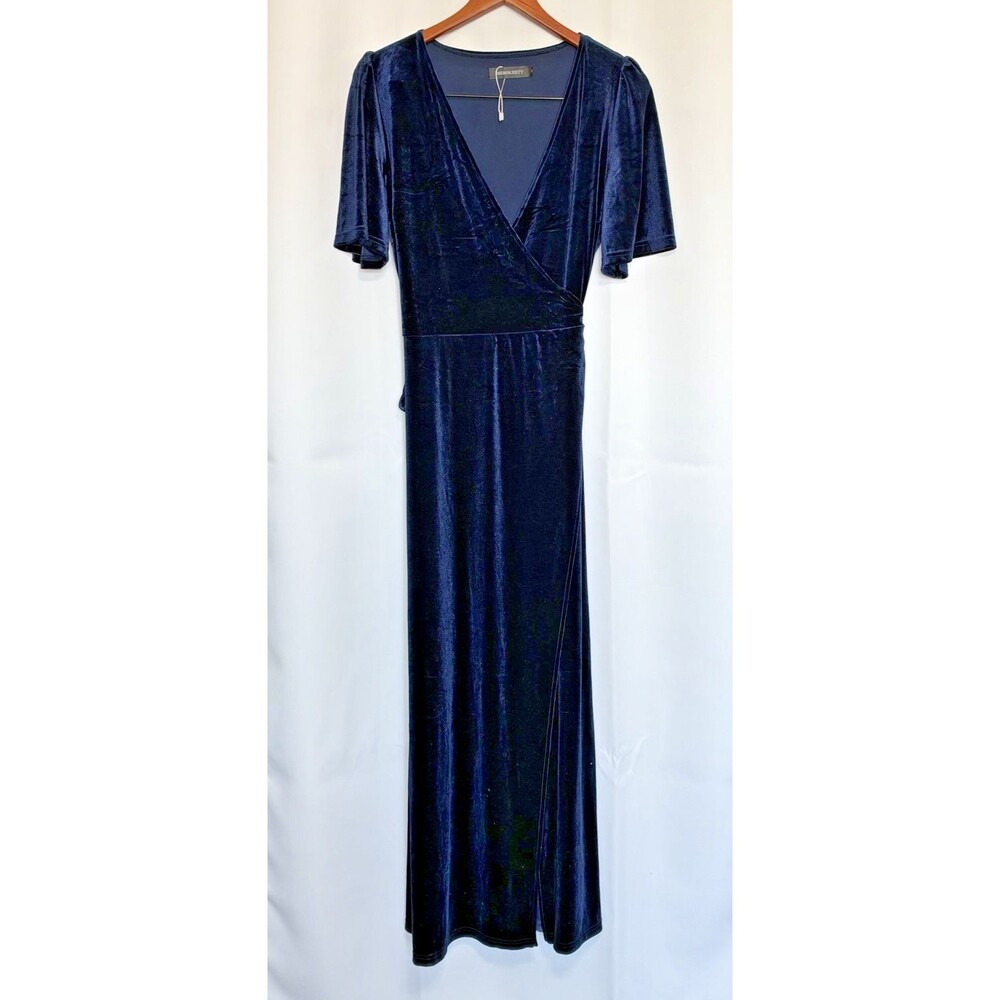 Merokeety Women's Large Wrap Dress Maxi Velvet Short Sleeve Deep Blue Navy - NEW